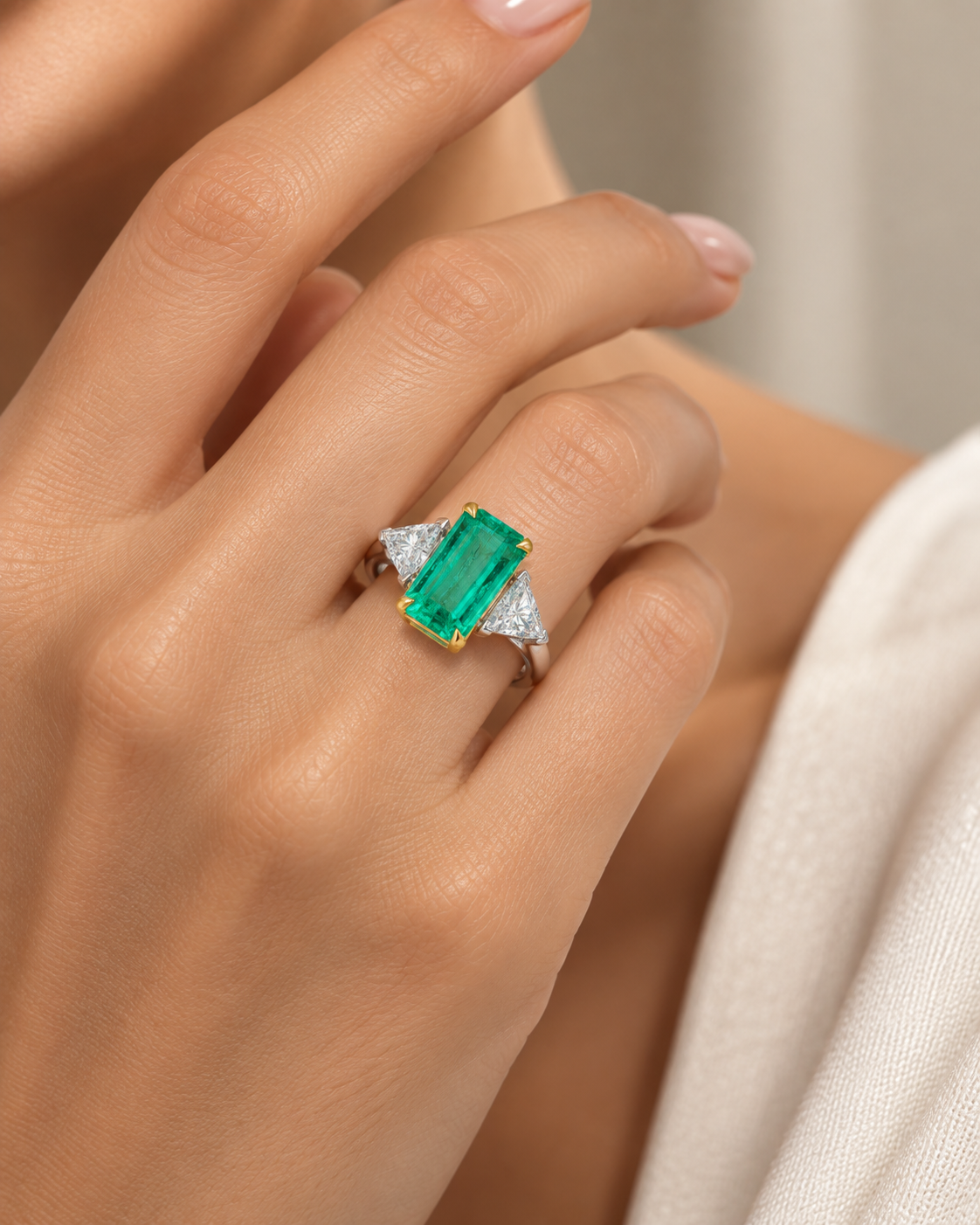 Close-up editorial photograph of a hand wearing an emerald-cut emerald ring with triangular diamond side stones