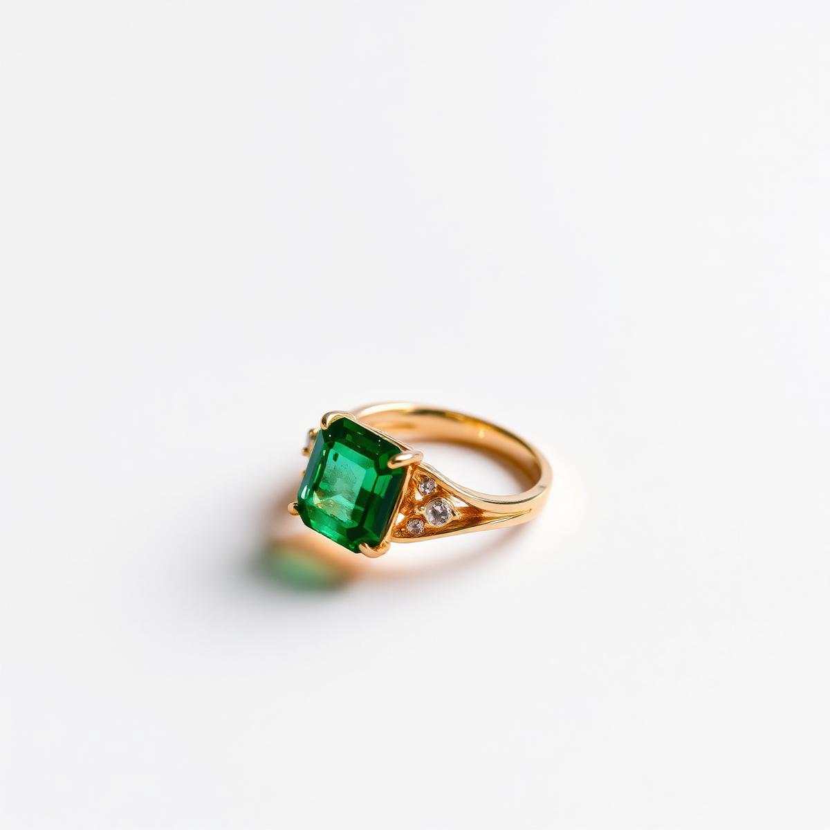 Emerald gold ring photographed on a clean commercial white background